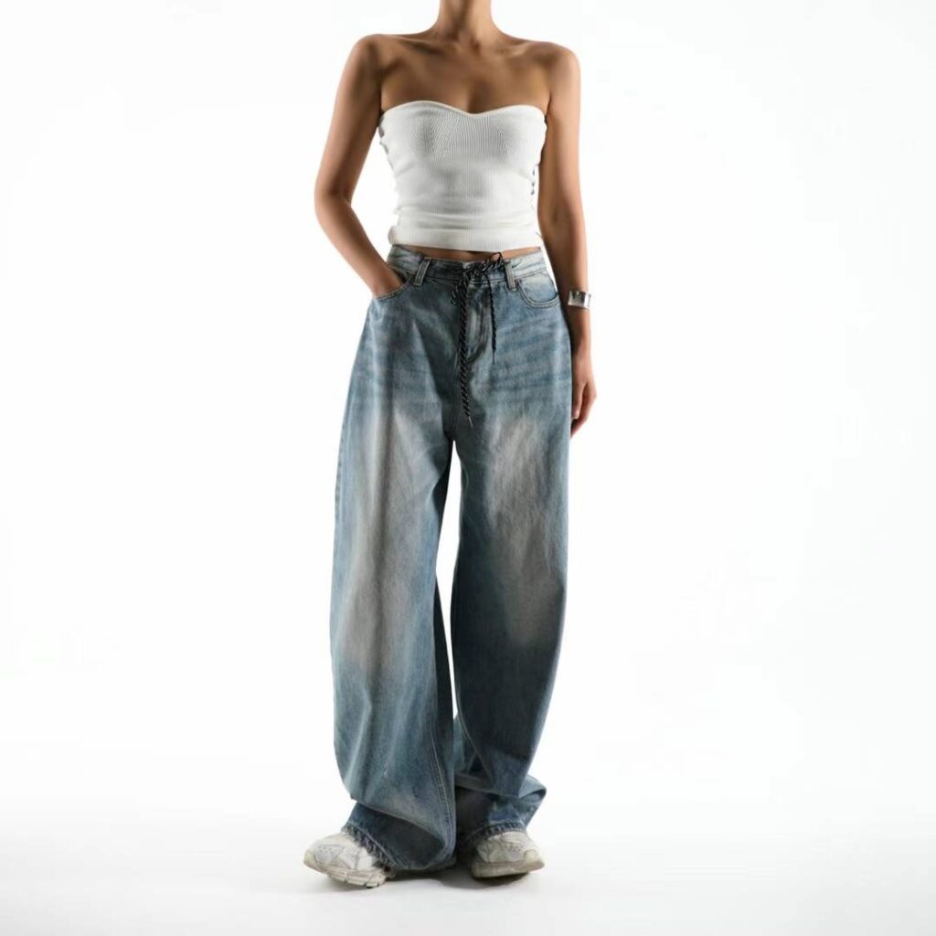 Tie waist wide leg jeans
