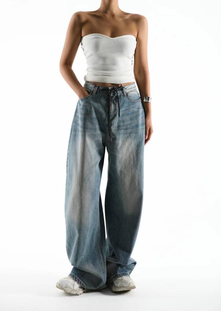 Tie waist wide leg jeans