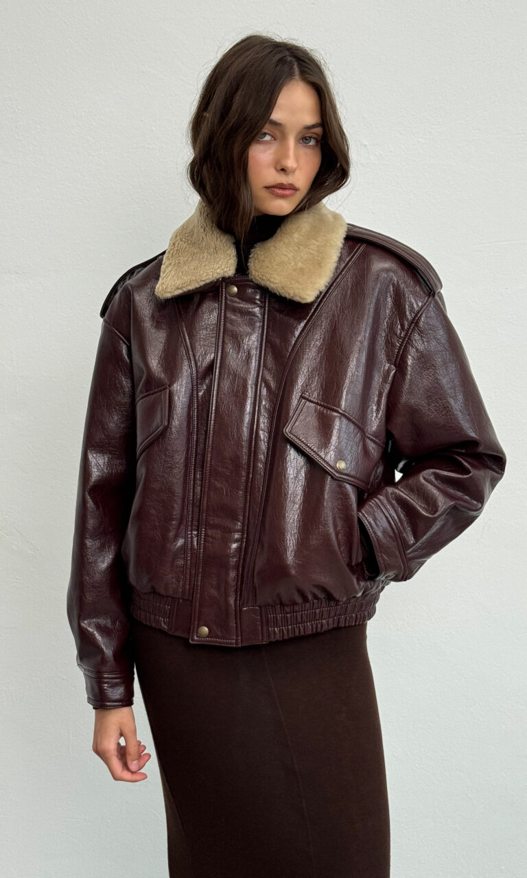 Shearling collar faux leather jacket
